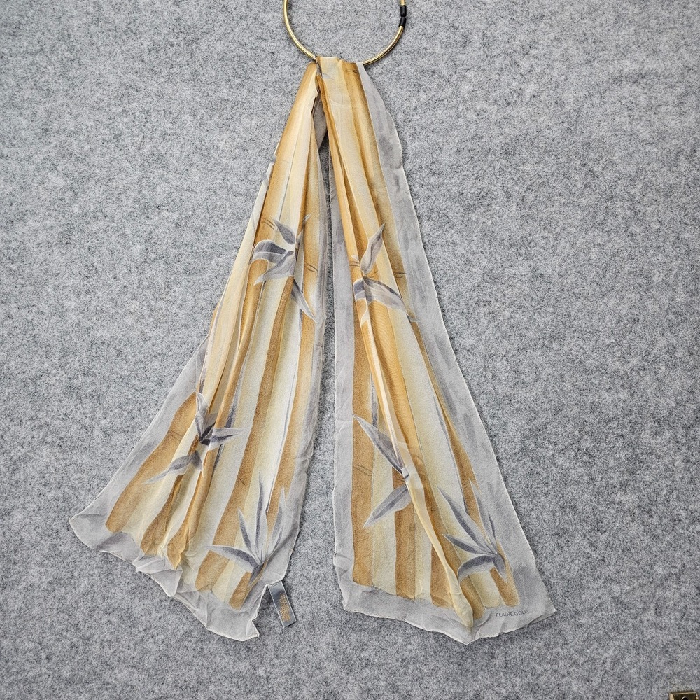 Vintage Silk Neck Scarf Women Gold Bamboo 80s Boho Sheer ELAINE GOLD XIIX 9.5x52